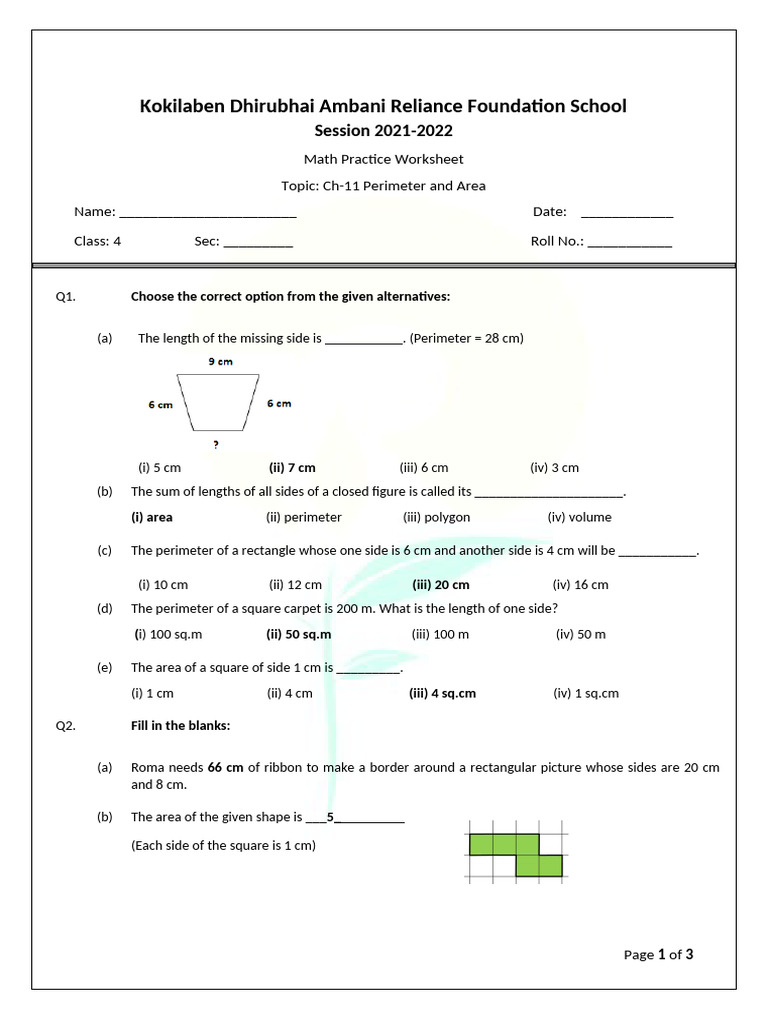 Math Worksheet: Perimeter & Area for Class 4 | PDF | Area | Elementary ...