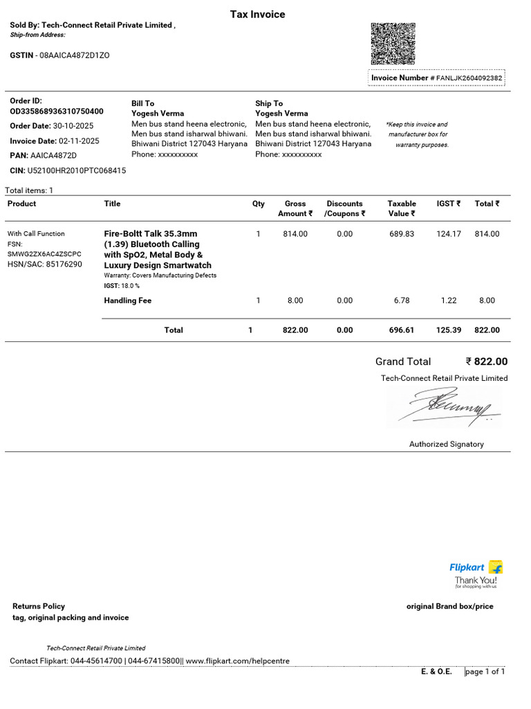 Invoice for Fire-Boltt Smartwatch Purchase | PDF | Payments | Taxes