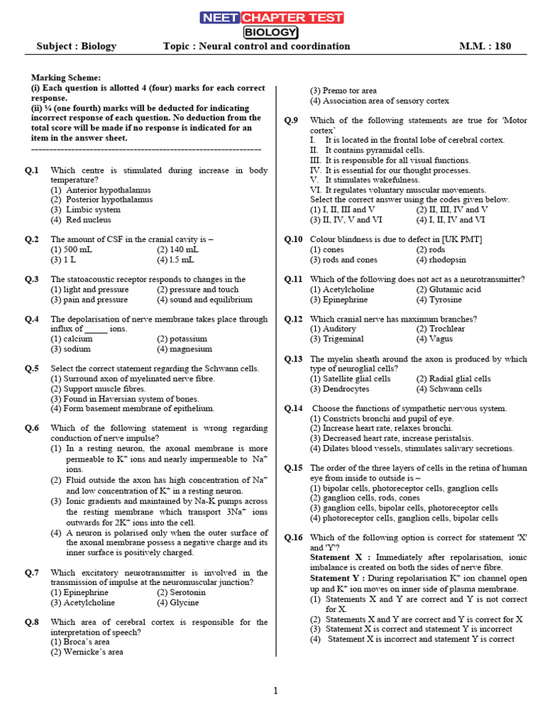 Neural Control and Coordination Quiz | PDF | Axon | Nerve