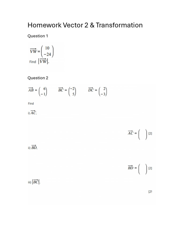 Vector Homework and Transformations Guide | PDF