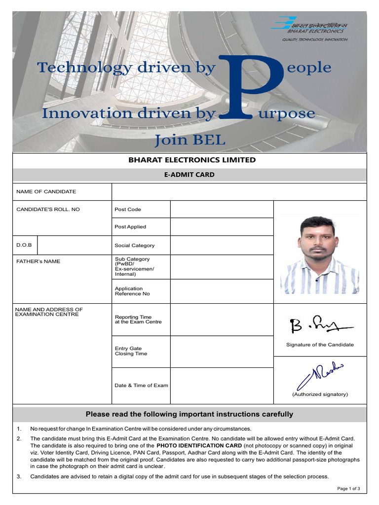 BEL E-Admit Card Instructions 2023 | PDF | Identity Document | Biometrics