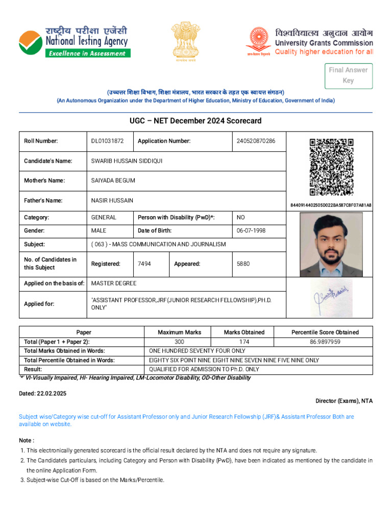 UGC-NET December 2024 Scorecard Details | PDF