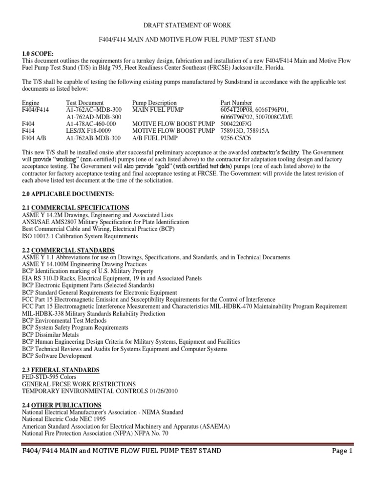 N6883612R0012 SOW-F404-F414 Engine Fuel Pump Test Stand Specification ...