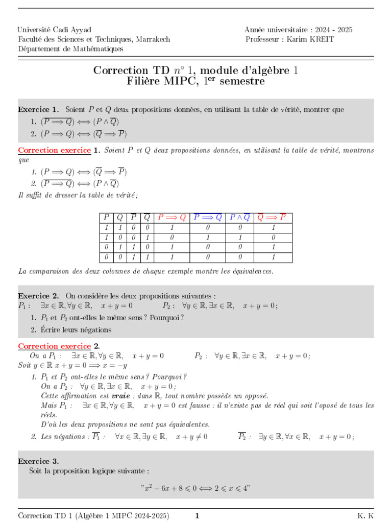 Correction TD Algèbre 1 MIPC 2024-2025 | PDF | Inclusion (mathématiques ...