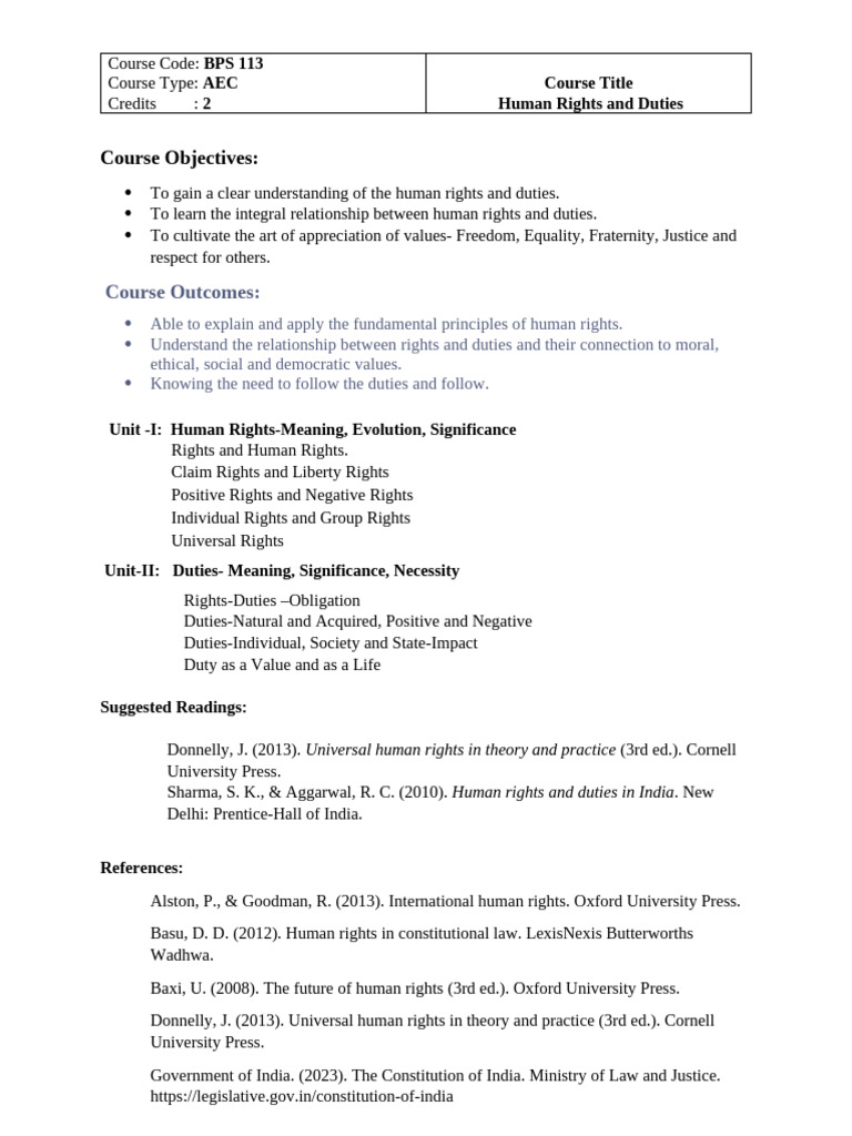 Syllabus For AEC Human Rights and Duties | PDF