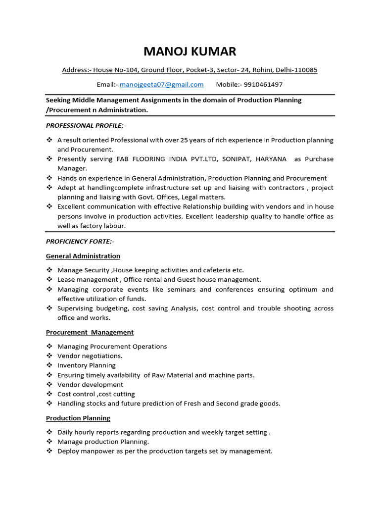 Middle Management Resume: Production & Procurement | PDF | Procurement ...
