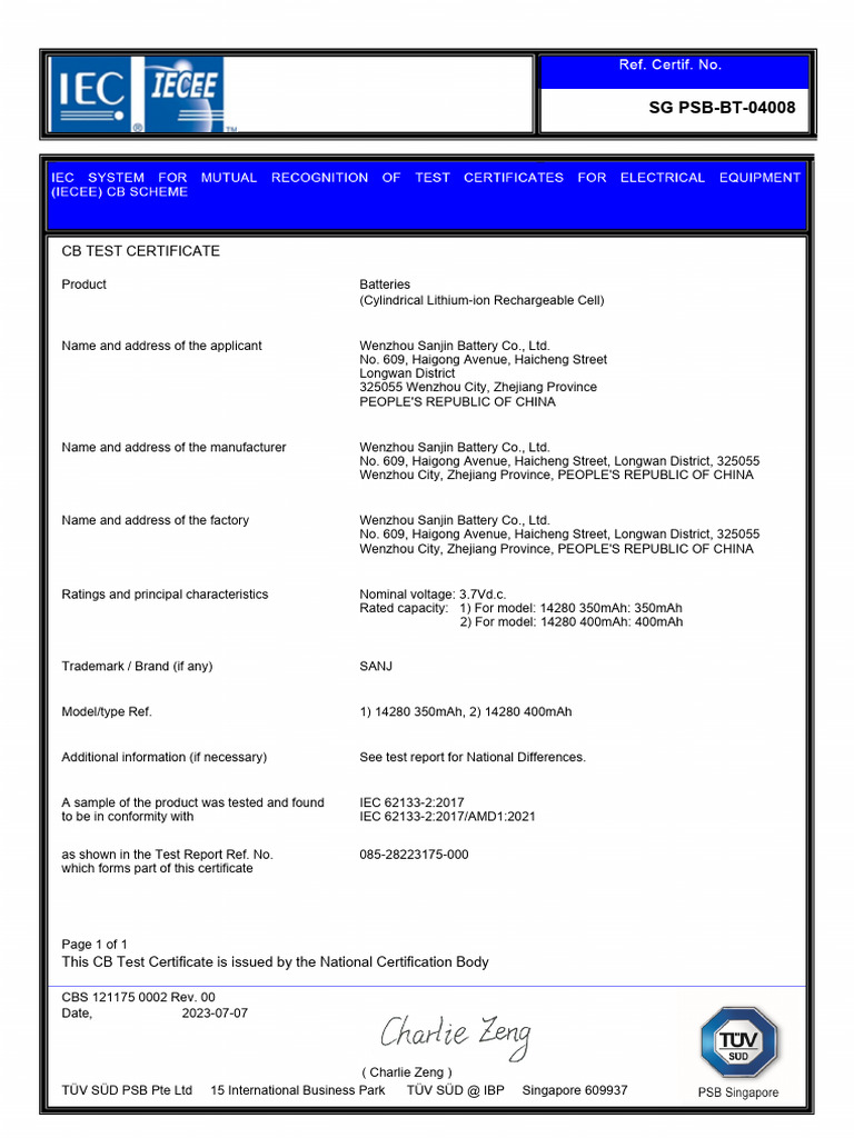 CB Test Certificate for Lithium-ion Batteries | PDF
