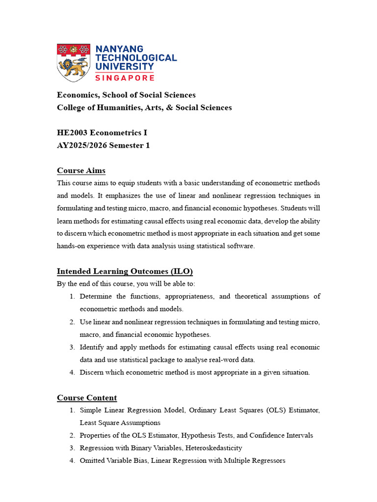Econometrics I Course Overview 2025 | PDF | Econometrics | Regression ...