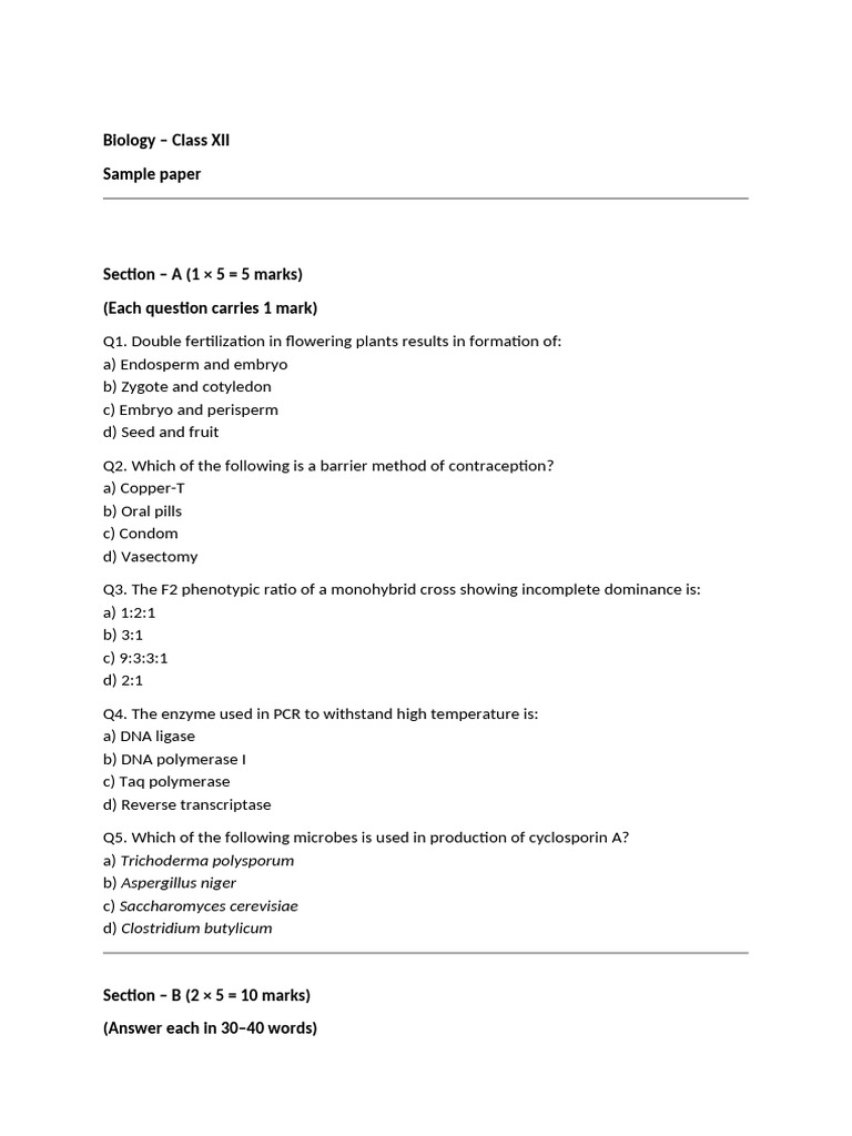 Biology Class XII Sample Paper Questions | PDF