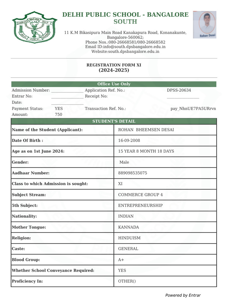 DPS Bangalore South XI Registration Form | PDF