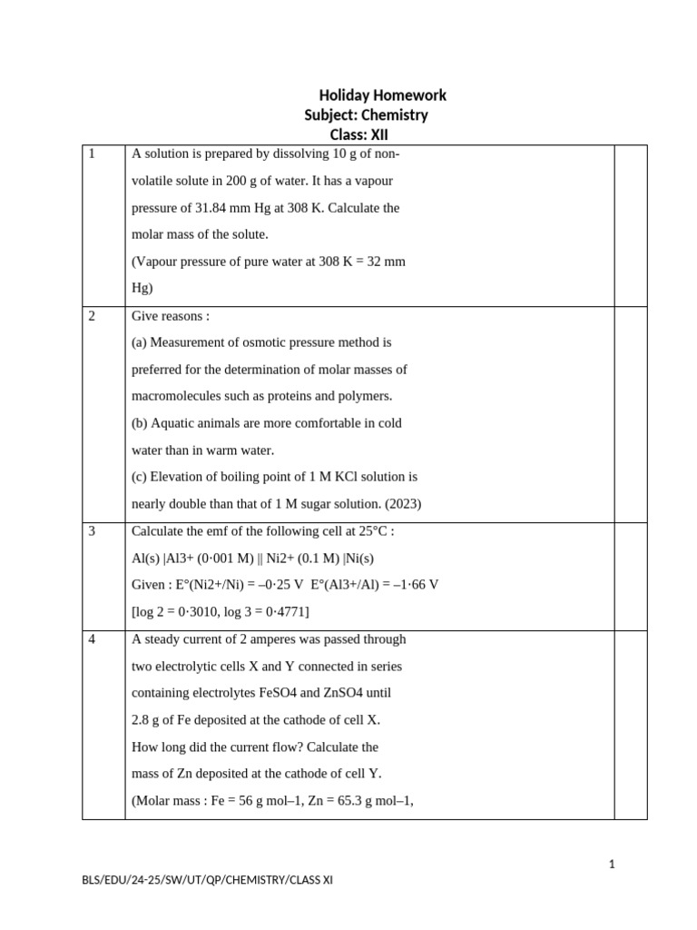 Chemistry Holiday Homework Class XII | PDF | Water | Chemical Elements