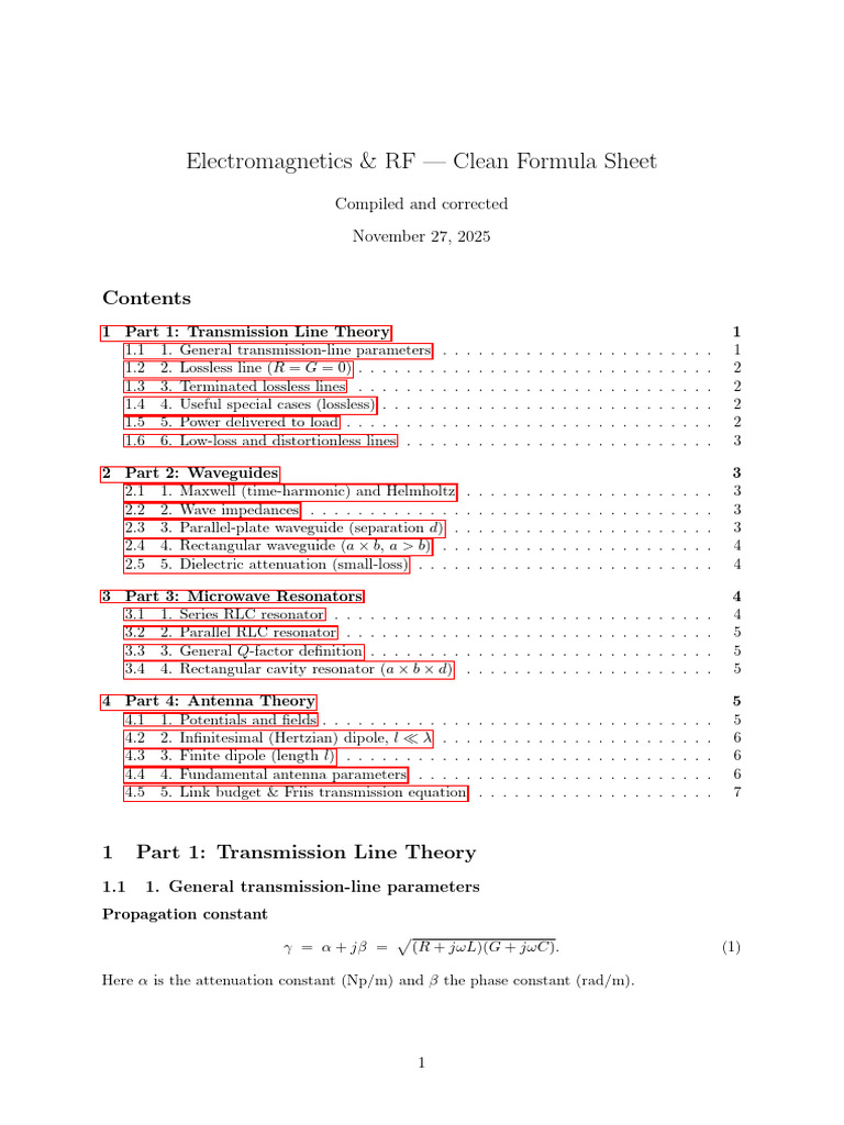 Electromagnetics RF Formula Sheet | PDF | Transmission Line ...