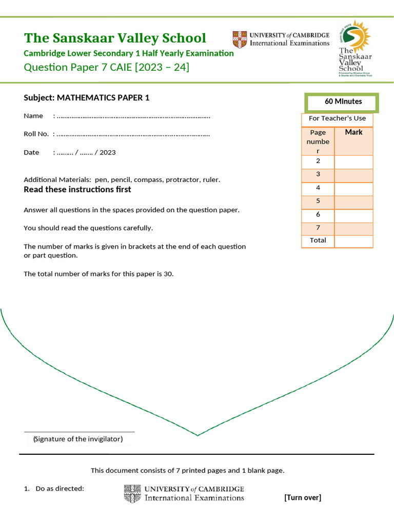 Mathematics Exam Paper for Year 7 | PDF