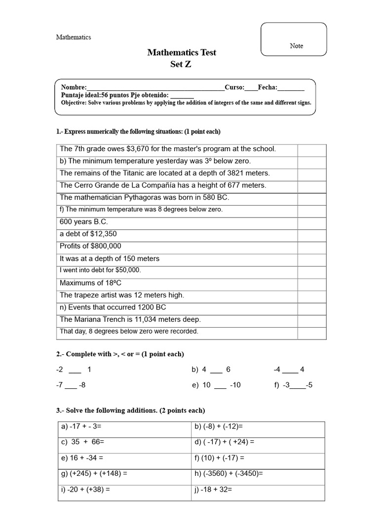 Mathematics Test: Integer Addition Skills | PDF | Mathematics