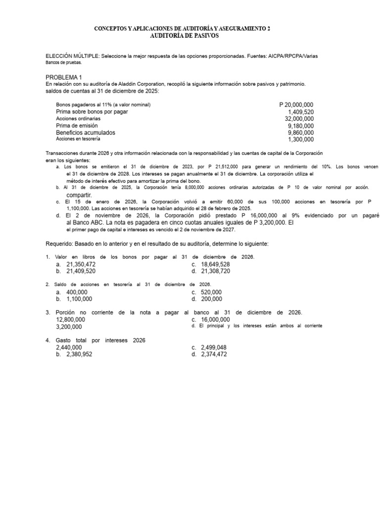 Auditoría de Pasivos: Ejercicios y Cálculos | PDF | Cuentas por pagar ...