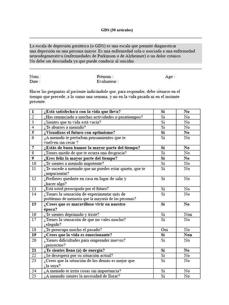 Escala GDS para Diagnóstico de Depresión Geriátrica | PDF | Depresión ...