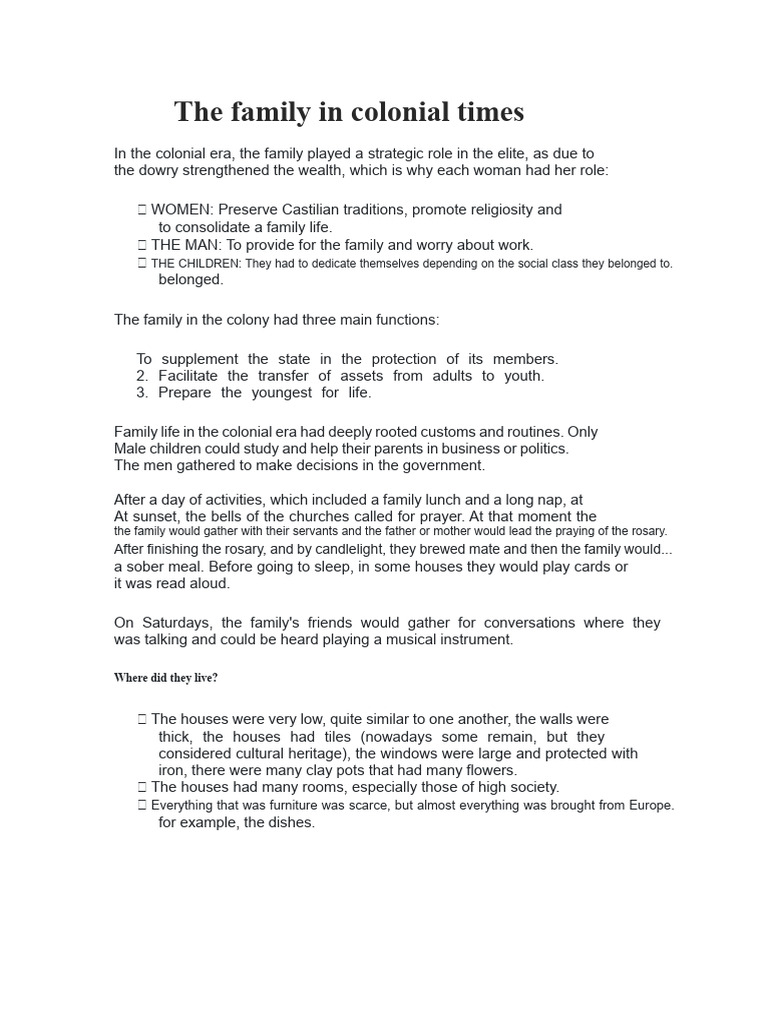 Colonial Family Life and Roles | PDF