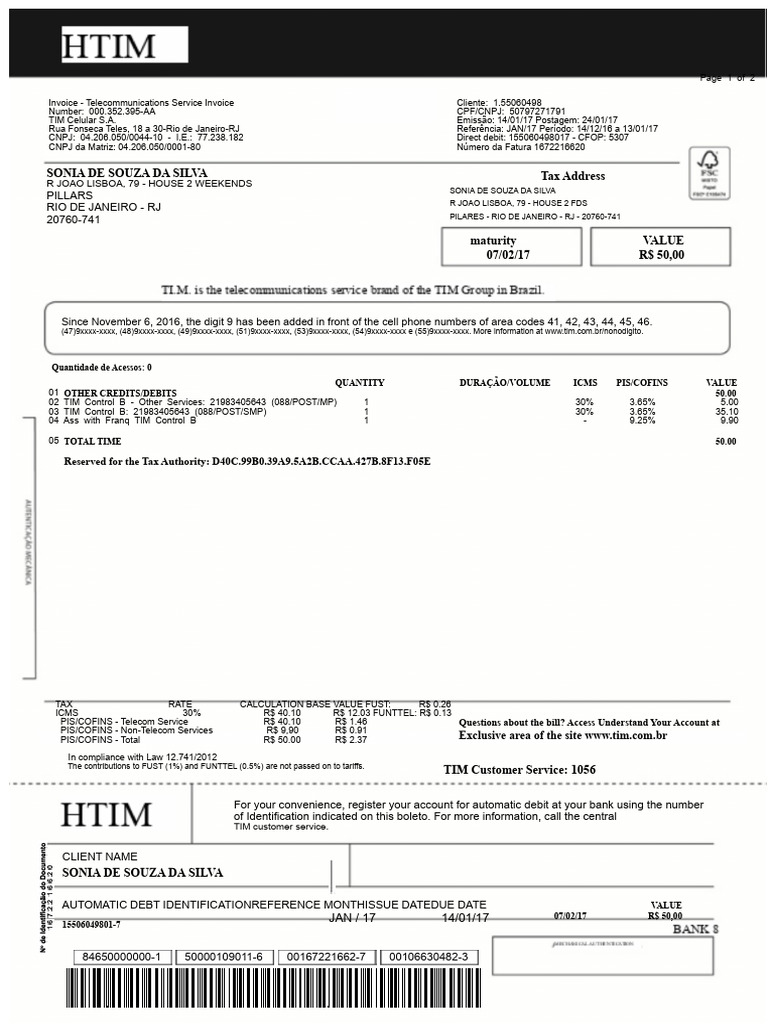 TIM Telecommunications Invoice January 2017 | PDF