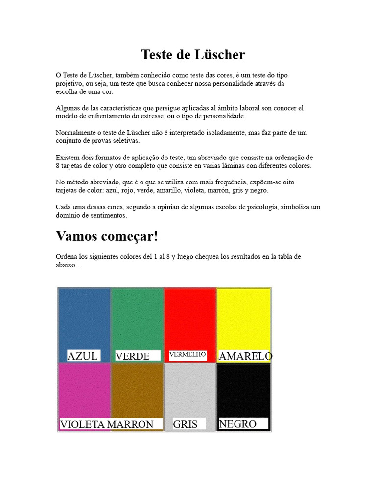 Teste de Lüscher: Interpretação de Cores | PDF | Cor | Ciências ...