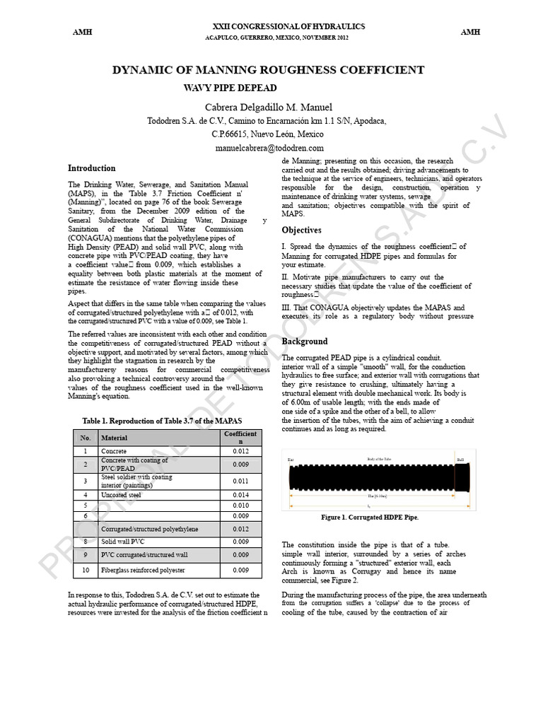 Manning Roughness Coefficient in HDPE Pipes | PDF | Continuum Mechanics ...