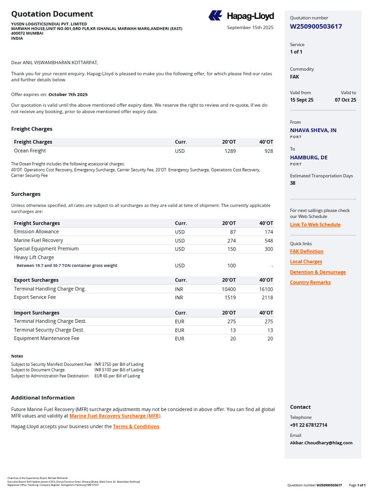 Quotation_W250900503617_INNSA_DEHAM | PDF | Cargo | Fee