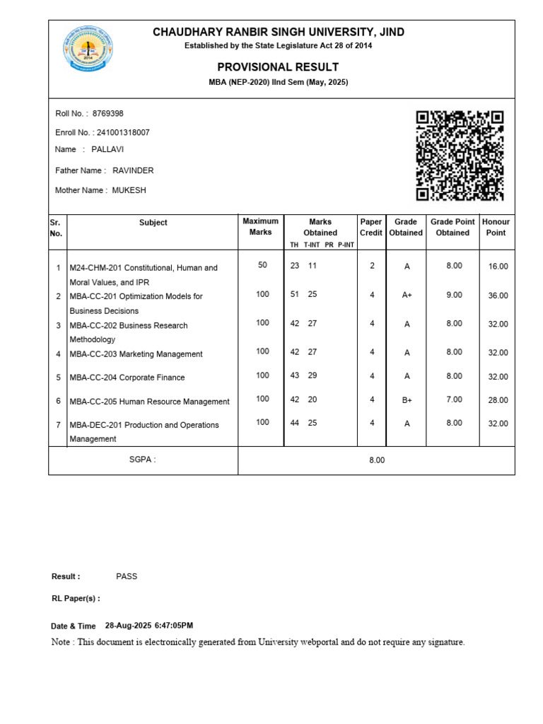Provisional Marksheet | PDF