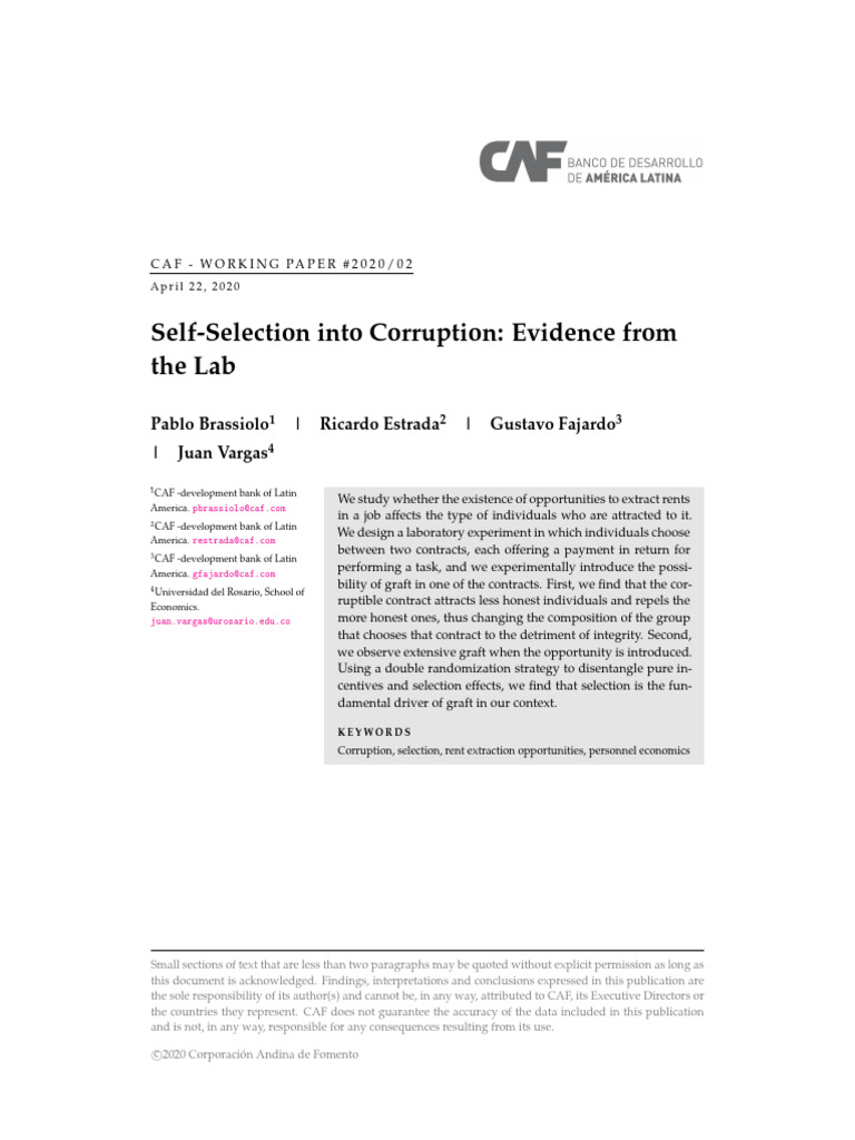 Self-Selection Into Corruption Evidence From The Lab | PDF ...