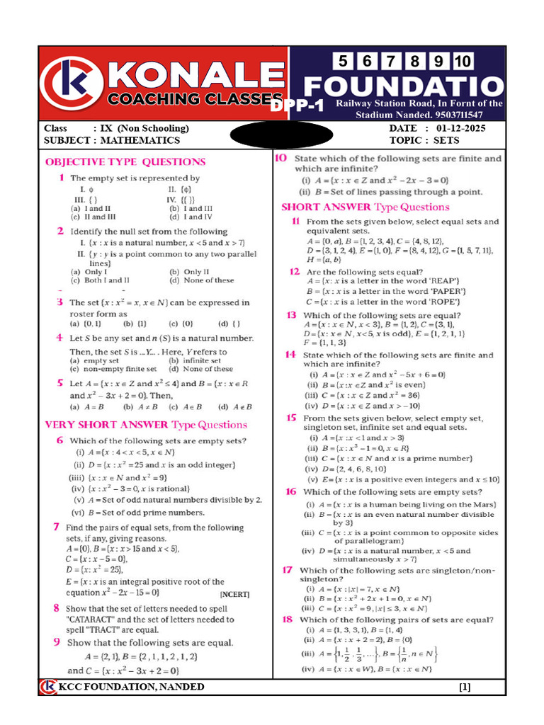 IX Mathematics DPP on Sets | PDF