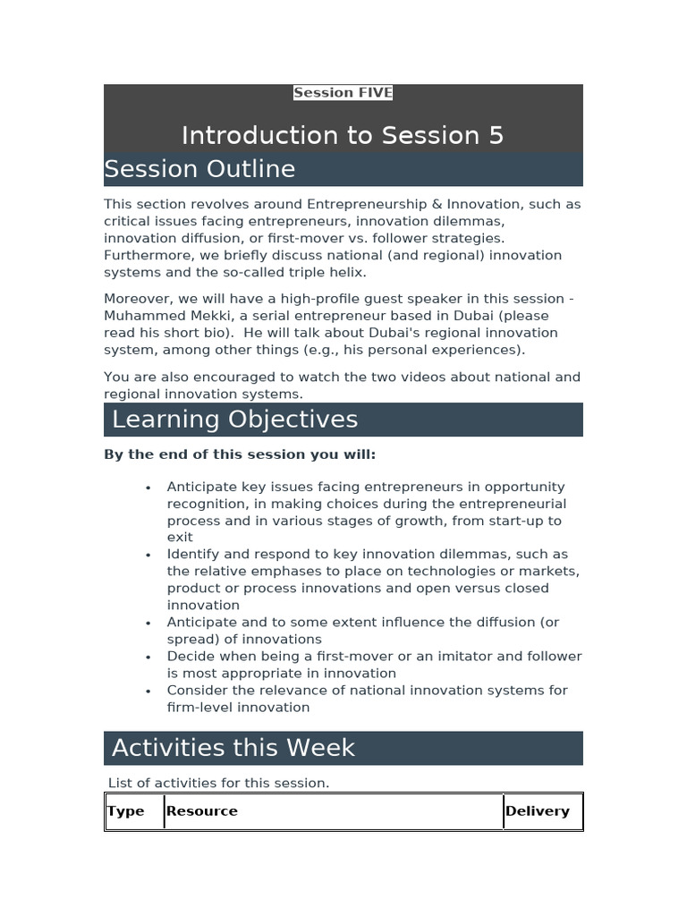 Introduction To Session 5 | PDF | Entrepreneurship | Innovation