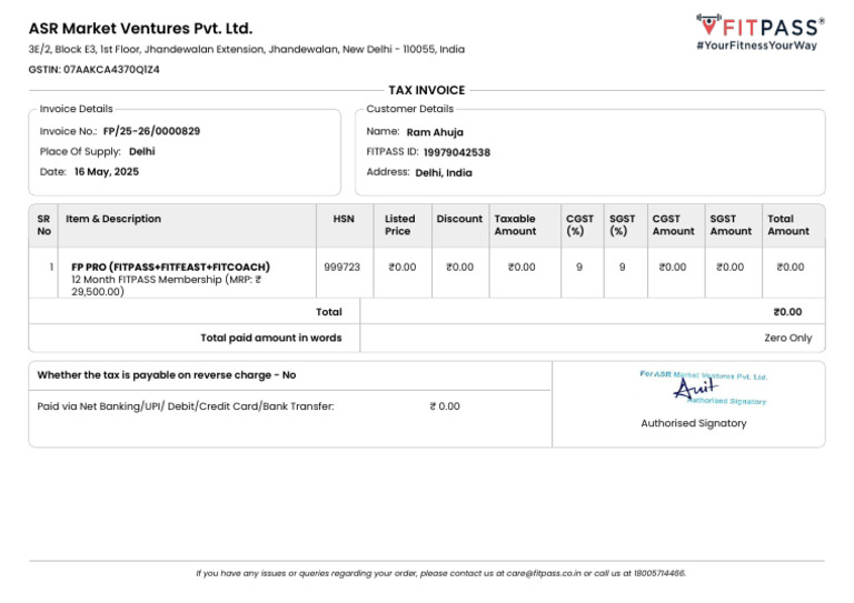 Tax Invoice for FITPASS Membership | PDF | Invoice | Economies