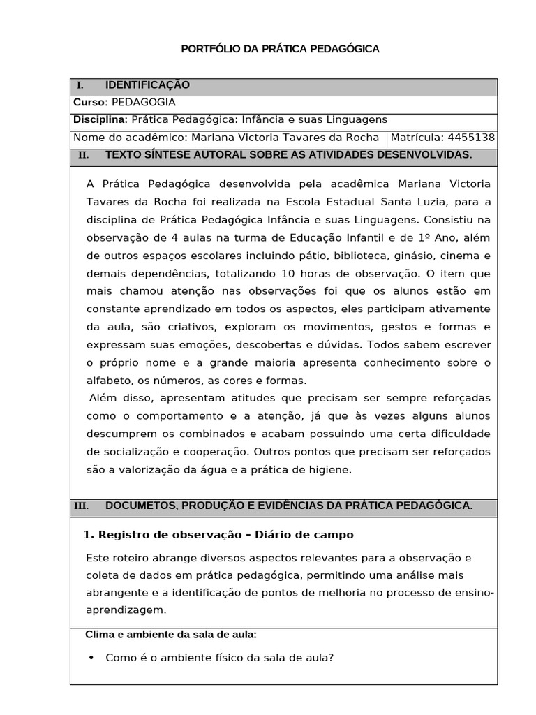 Portfolio Da Pratica Pedagogica Infancia e Suas Linguagens Final Docx 2 ...