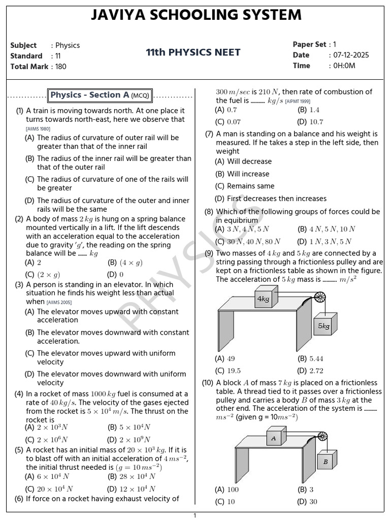 NEET 2025 Physics Paper Set 1 | PDF | Force | Rocket