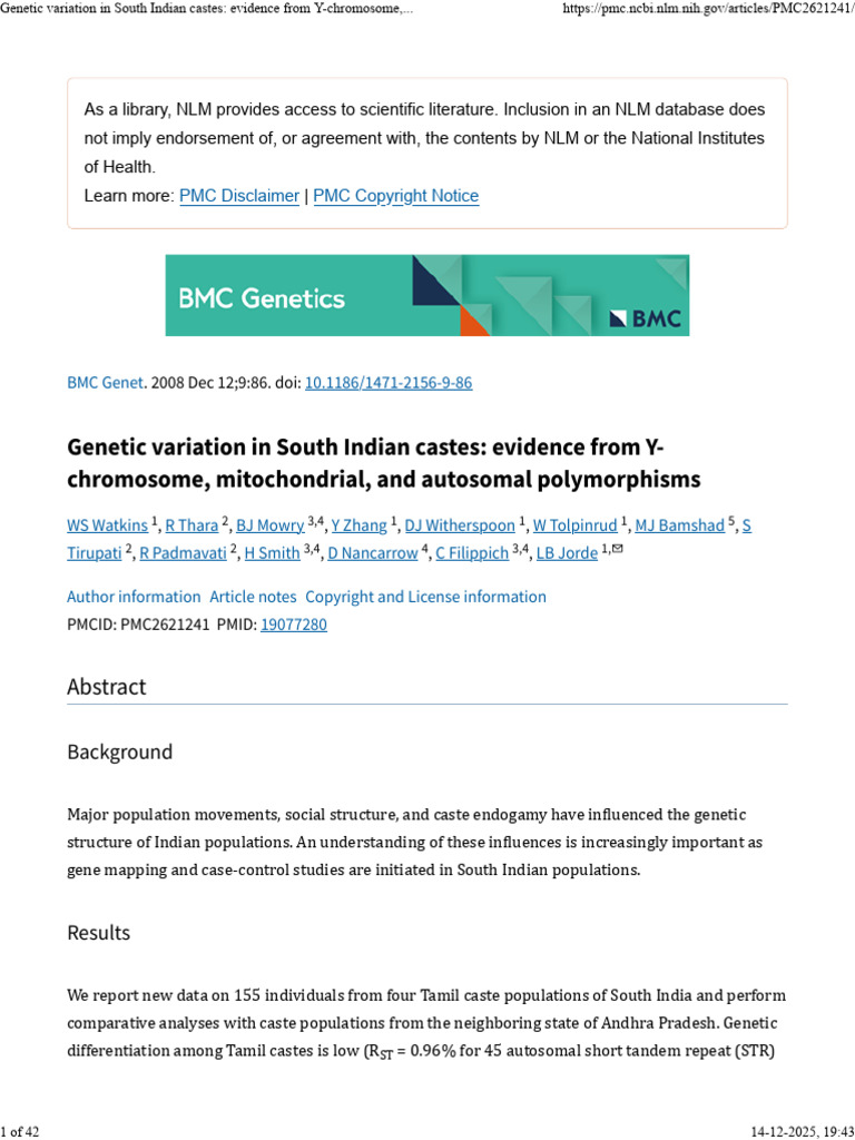 Genetic Variation in South Indian Castes - Evidence From Y-Chromosome ...