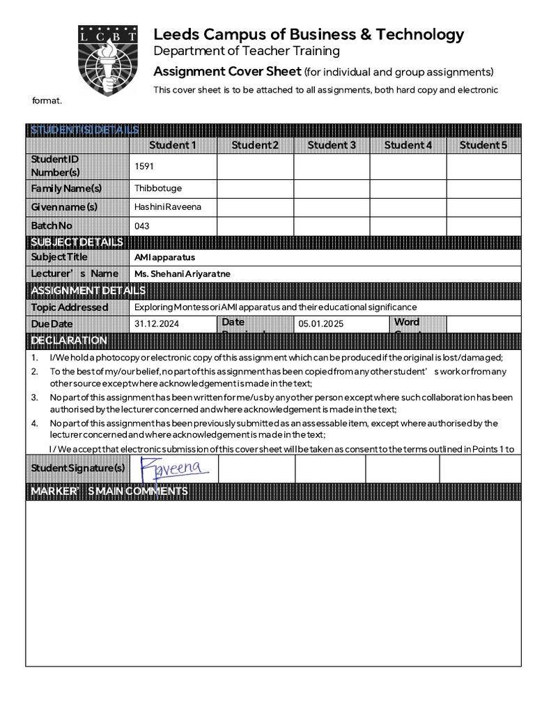 Assignment Cover Sheet Template | PDF