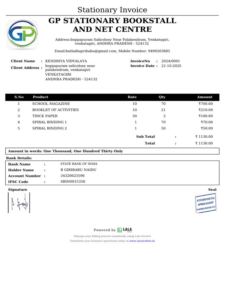 Invoice for Kendriya Vidyalaya Supplies | PDF