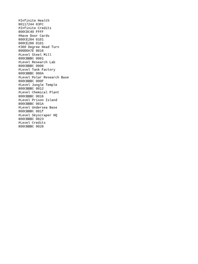 Game Cheat Codes and Levels Guide | PDF