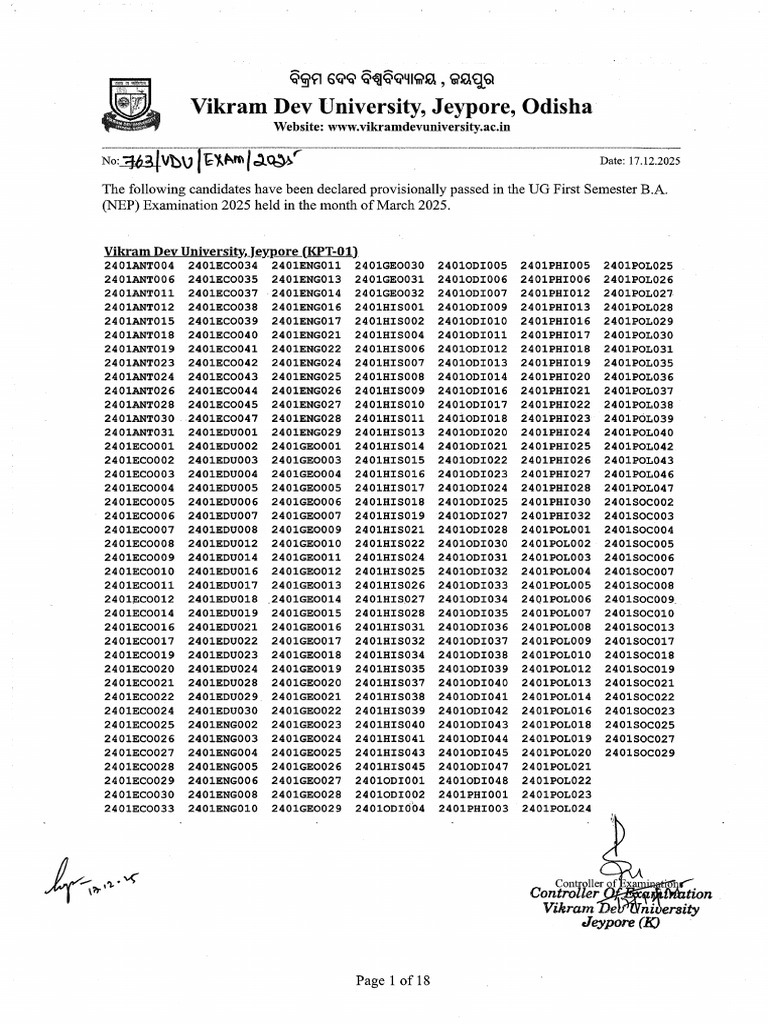 Result UG Arts (NEP) 1st Semester 2025 - Document | PDF