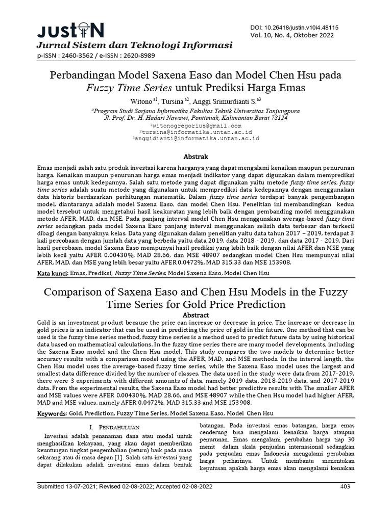Perbandingan Model Fuzzy Time Series untuk Prediksi Harga Emas | PDF
