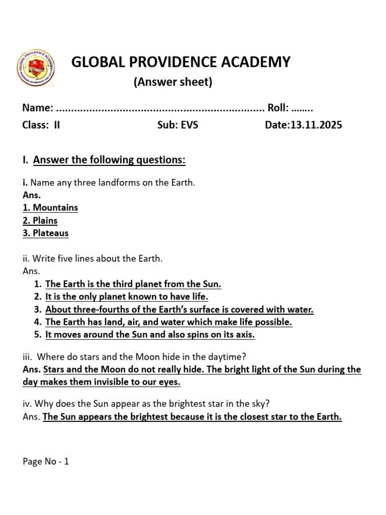 EVS Answer Sheet for Class II Students | PDF