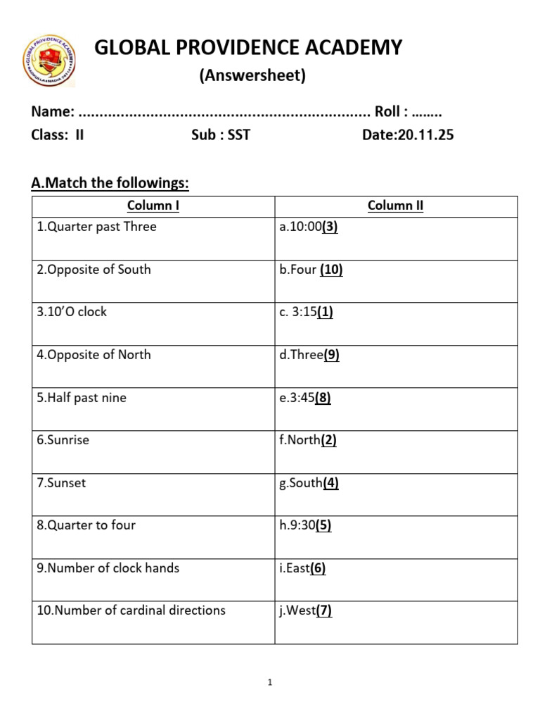 SST Answersheet for Class II Students | PDF