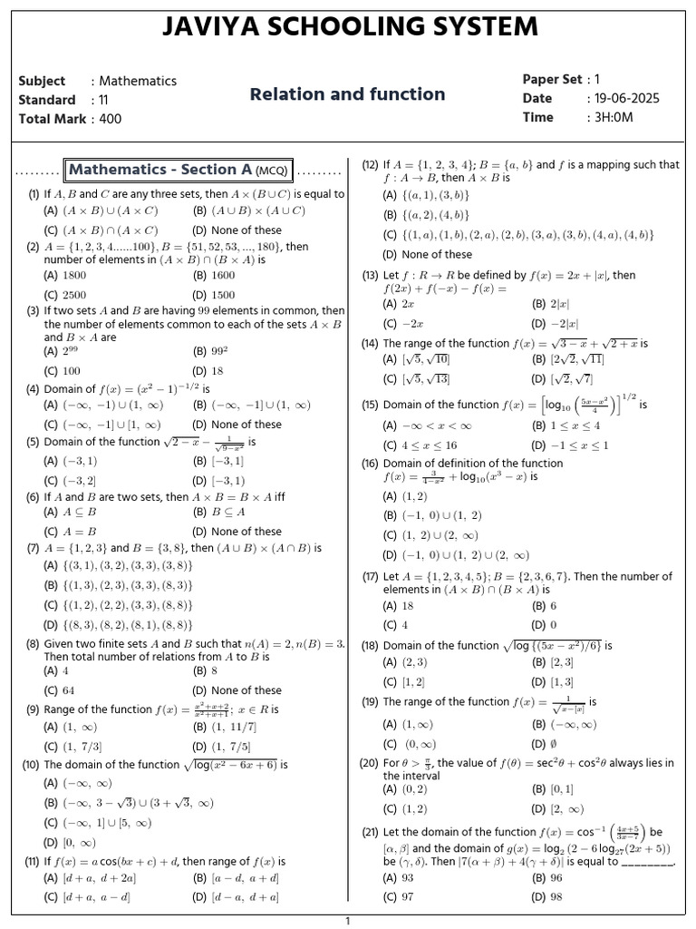 Javiya Schooling System Math Exam 11 | PDF | Function (Mathematics ...