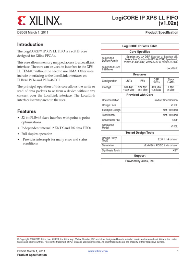 Xilinx LogiCORE IP XPS LL FIFO Specs | PDF | Parameter (Computer ...