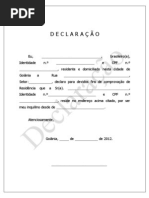 DECLARAÇÃO DE RESIDÊNCIA PARA TERCEIROS