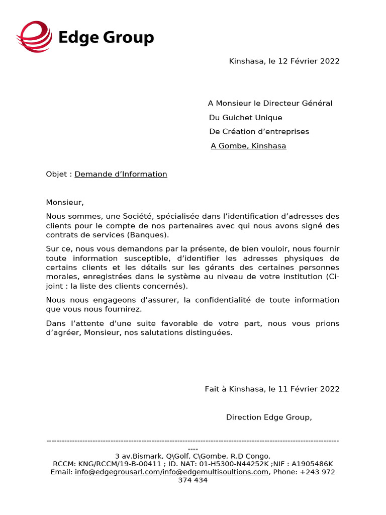 Demande d'informations sur clients à Kinshasa | PDF