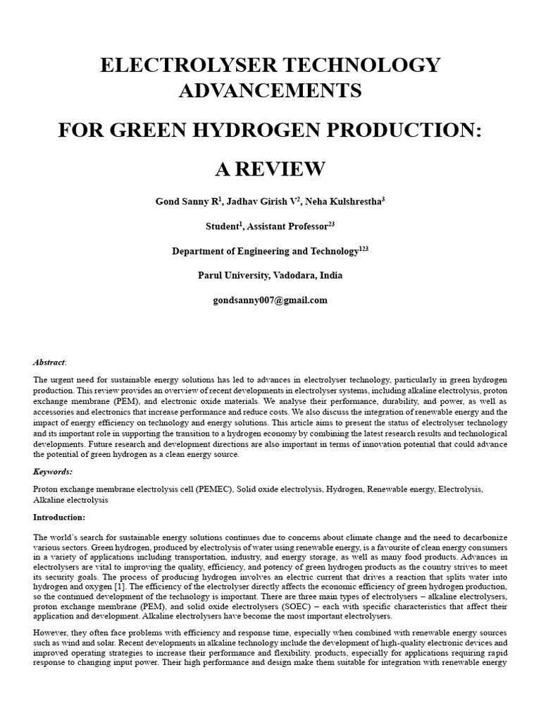 Electrolyser Technology Advancements for Green Hydrogen Production a ...