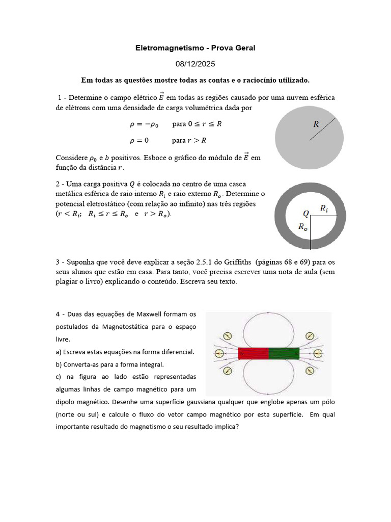 Prova de Eletromagnetismo: Questões e Análises | PDF
