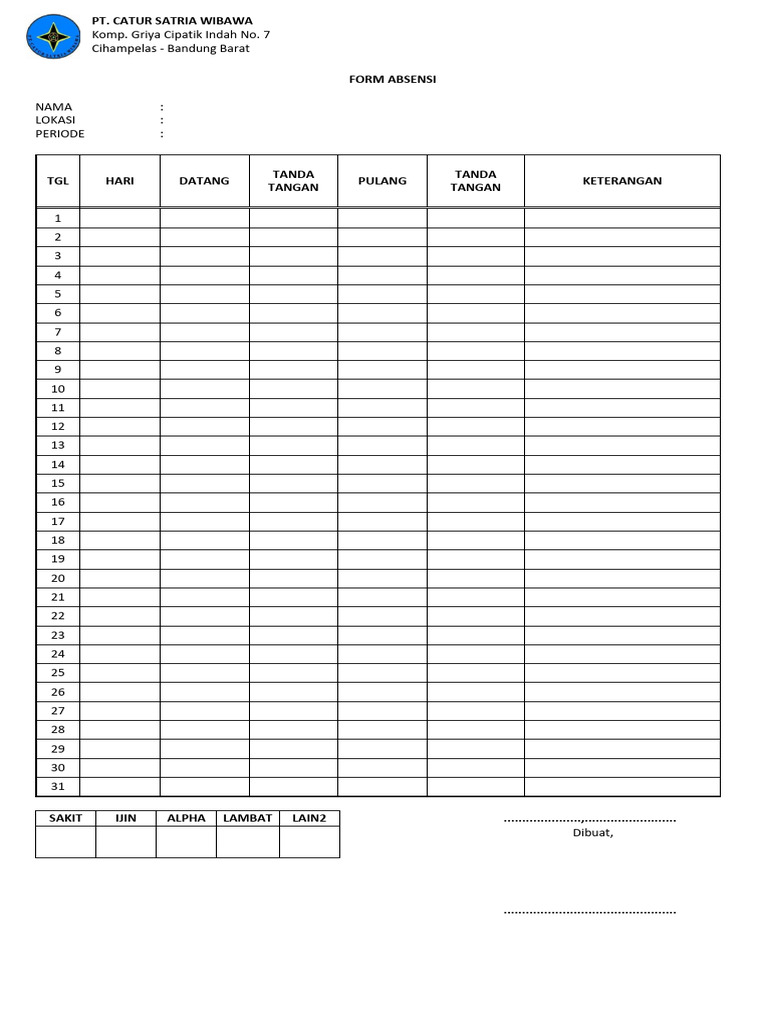 Form Absensi Karyawan PT. Catur Satria | PDF