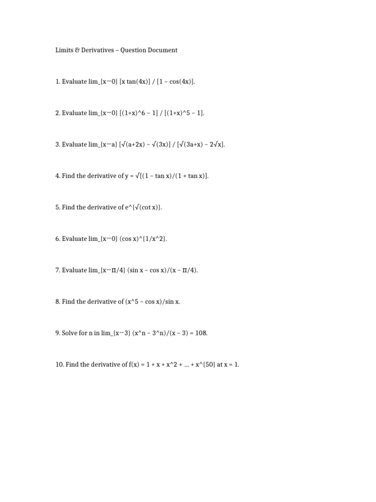 Limits and Derivatives Questions Guide | PDF
