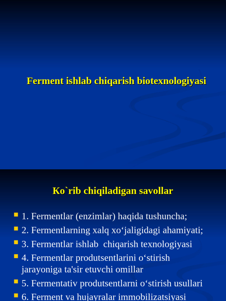 Fermentlar Ishlab Chiqarish Biotexnologiyasi | PDF