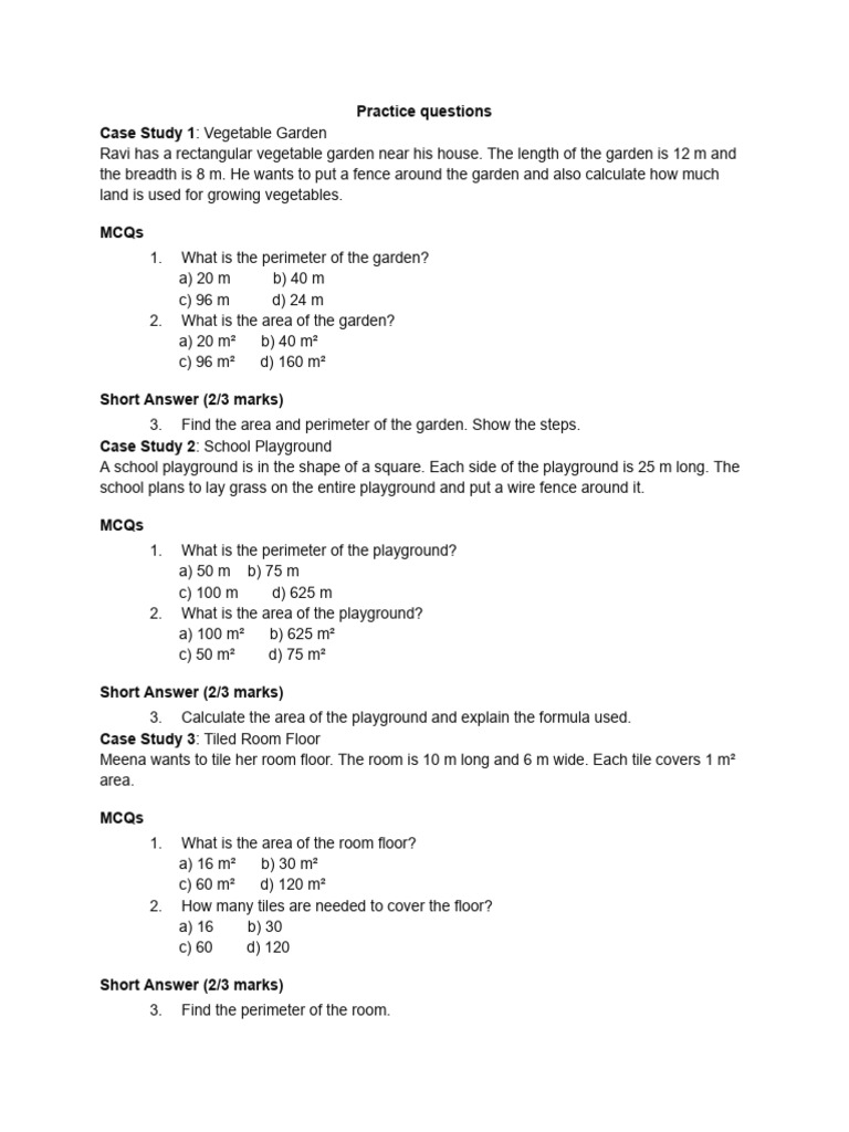 Practice Questions Class 6th | PDF | Area | Length